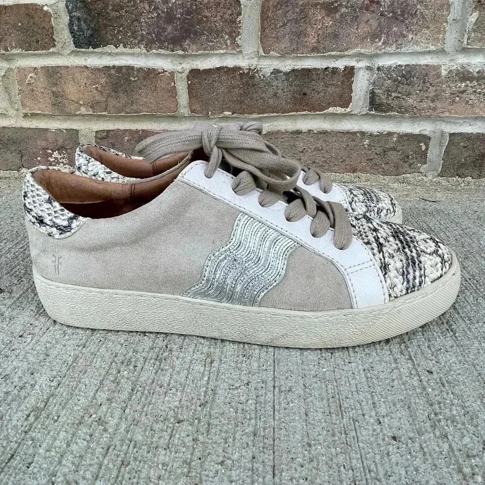 Frye Webster Wave Gray Suede with Snakeskin Print Low-cut Lace- up Sneakers 8.5M